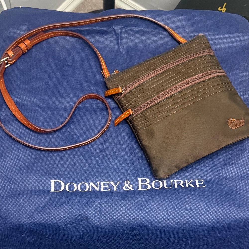 Dooney & Bourke Brown Crossbody Nylon Triple Zip Bag with Leather Trim